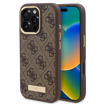 iPhone 16 Pro Kılıf Guess Orjinal Lisanslı M-safe Şarj Özellikli 4G Desenli PU Metal Plaka Klasik Logolu Kapak