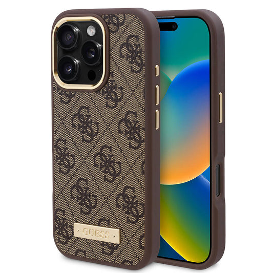 iPhone 16 Pro Kılıf Guess Orjinal Lisanslı M-safe Şarj Özellikli 4G Desenli PU Metal Plaka Klasik Logolu Kapak