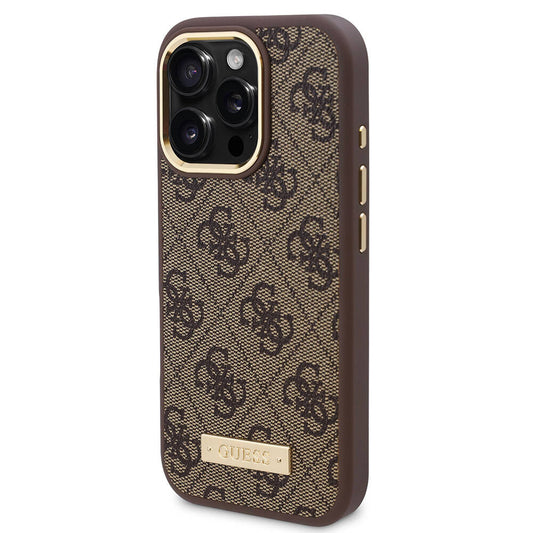 iPhone 16 Pro Kılıf Guess Orjinal Lisanslı M-safe Şarj Özellikli 4G Desenli PU Metal Plaka Klasik Logolu Kapak