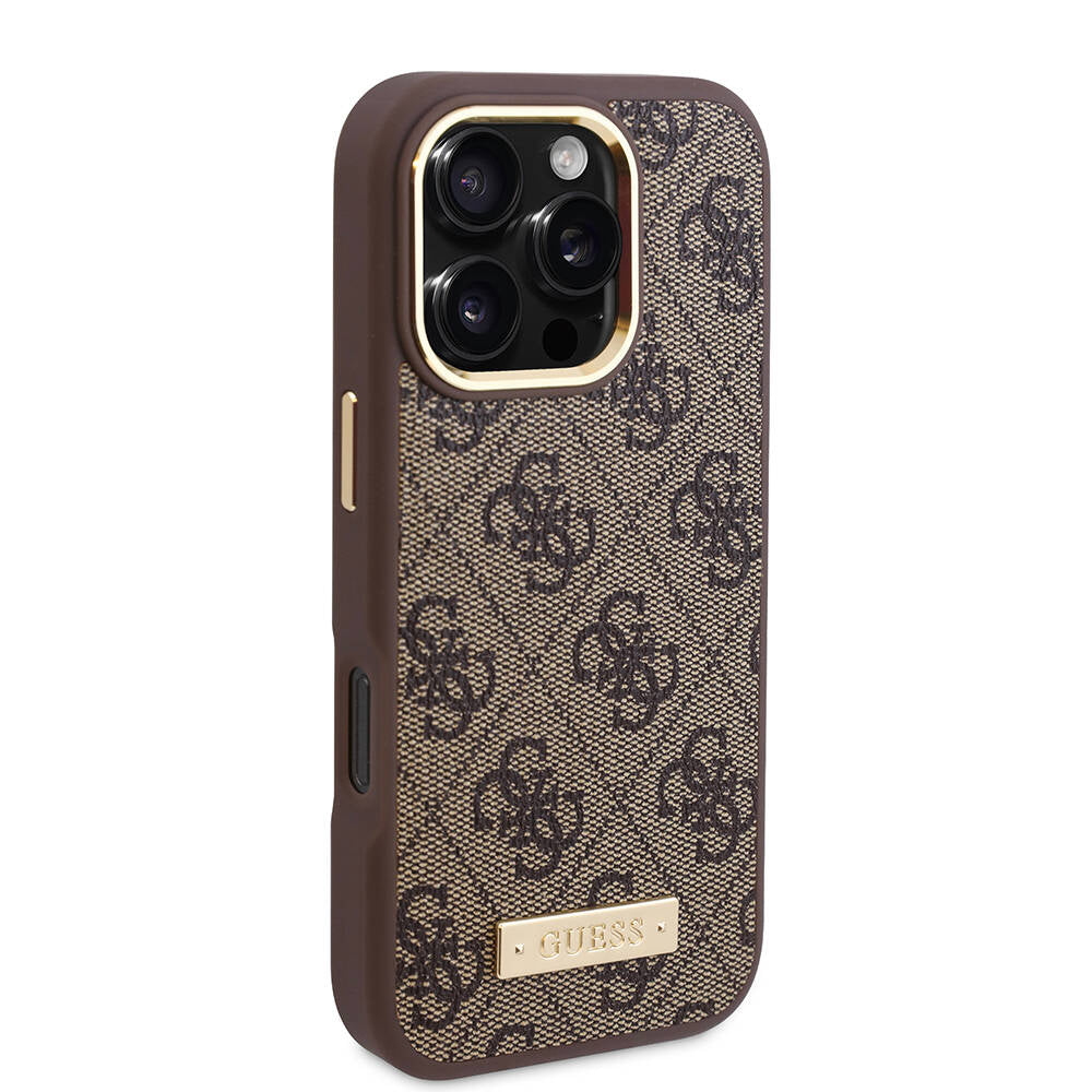 iPhone 16 Pro Kılıf Guess Orjinal Lisanslı M-safe Şarj Özellikli 4G Desenli PU Metal Plaka Klasik Logolu Kapak