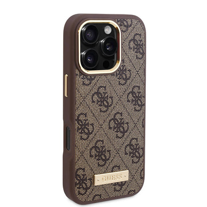 iPhone 16 Pro Kılıf Guess Orjinal Lisanslı M-safe Şarj Özellikli 4G Desenli PU Metal Plaka Klasik Logolu Kapak