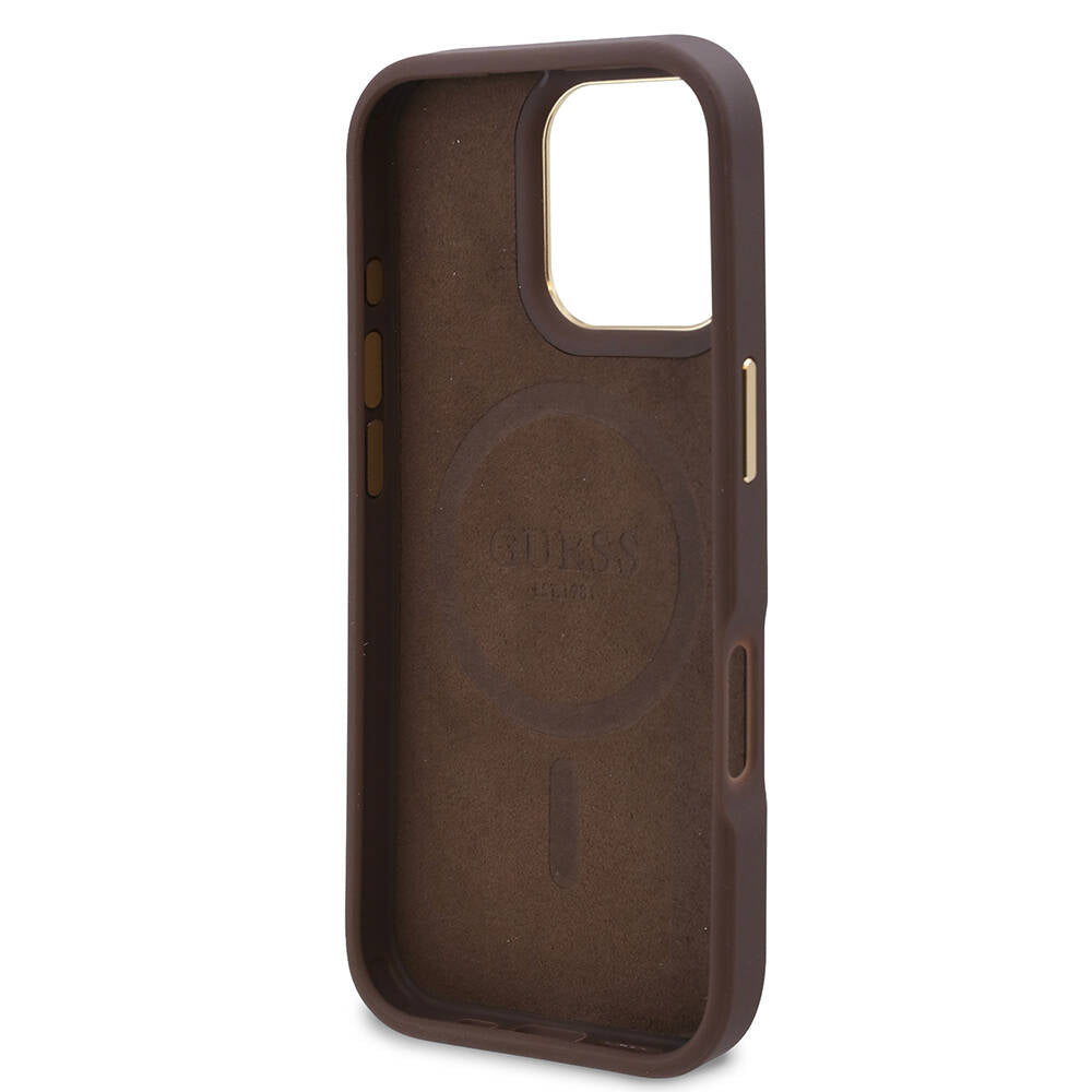 iPhone 16 Pro Kılıf Guess Orjinal Lisanslı M-safe Şarj Özellikli 4G Desenli PU Metal Plaka Klasik Logolu Kapak