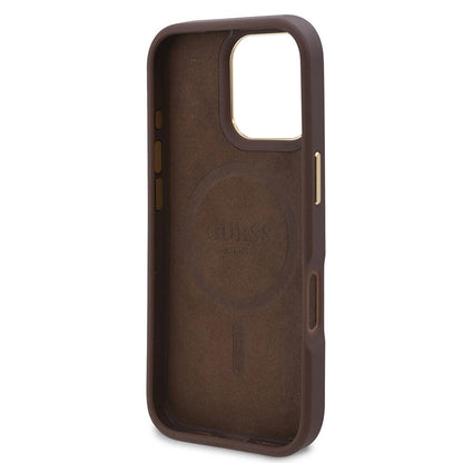 iPhone 16 Pro Kılıf Guess Orjinal Lisanslı M-safe Şarj Özellikli 4G Desenli PU Metal Plaka Klasik Logolu Kapak