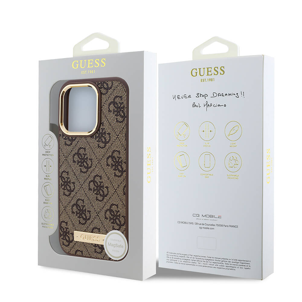 iPhone 16 Pro Kılıf Guess Orjinal Lisanslı M-safe Şarj Özellikli 4G Desenli PU Metal Plaka Klasik Logolu Kapak