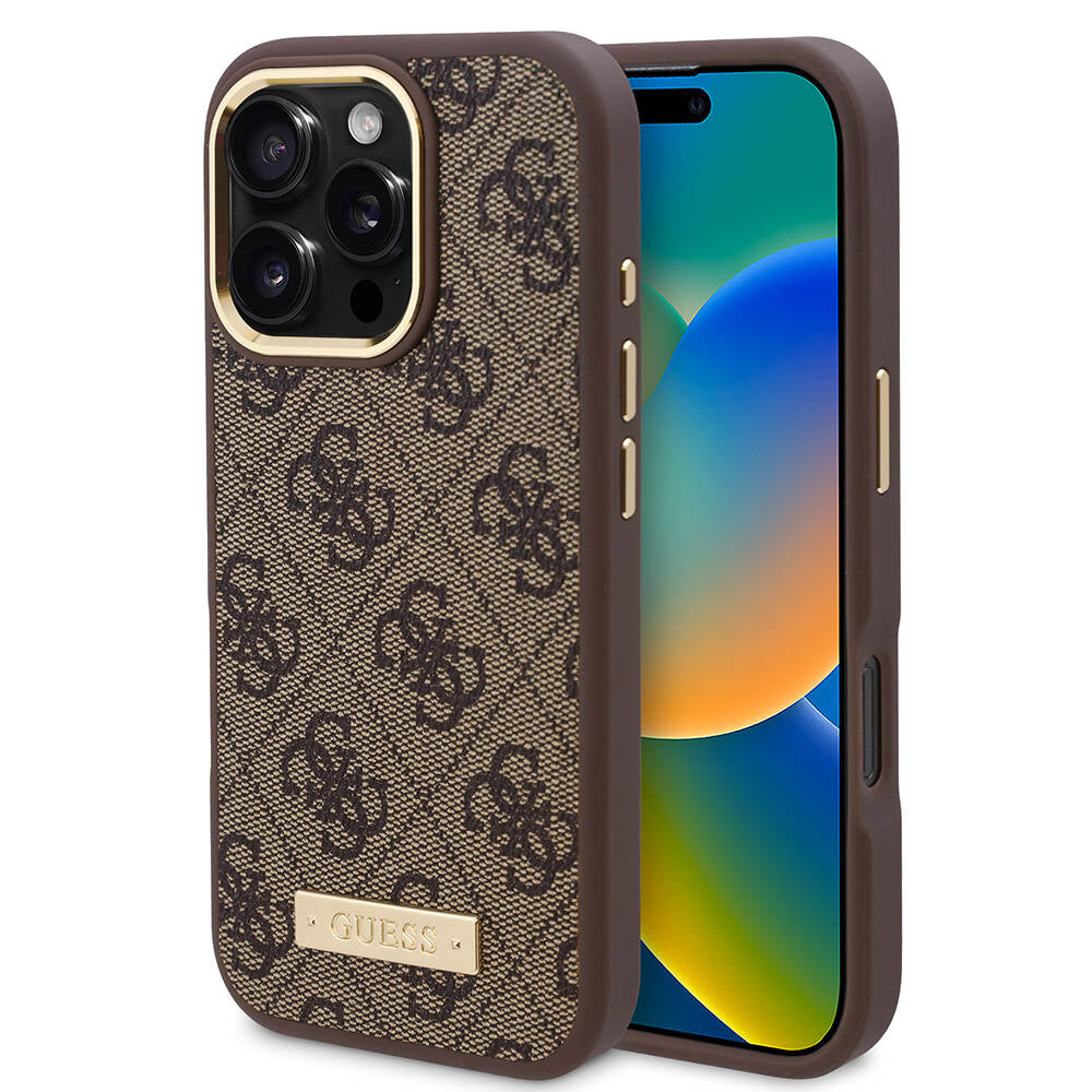 iPhone 16 Pro Kılıf Guess Orjinal Lisanslı M-safe Şarj Özellikli 4G Desenli PU Metal Plaka Klasik Logolu Kapak
