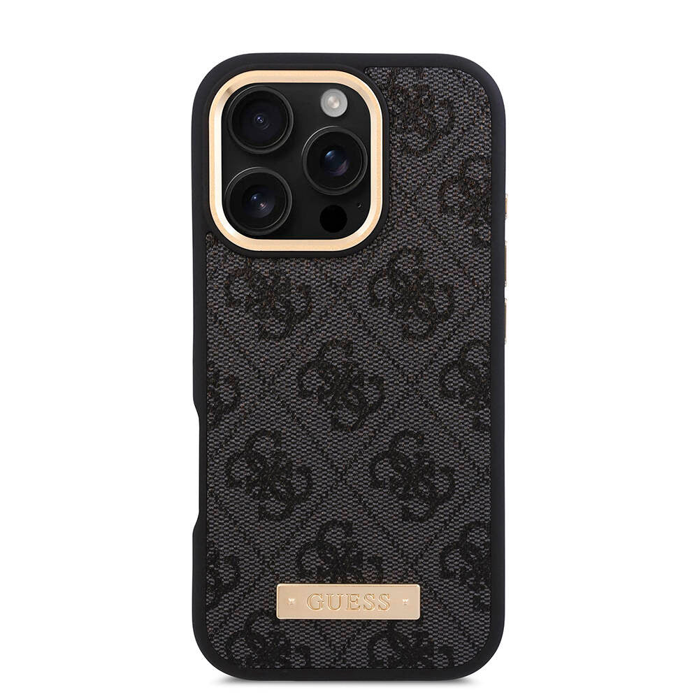 iPhone 16 Pro Kılıf Guess Orjinal Lisanslı M-safe Şarj Özellikli 4G Desenli PU Metal Plaka Klasik Logolu Kapak
