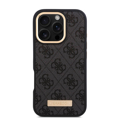 iPhone 16 Pro Kılıf Guess Orjinal Lisanslı M-safe Şarj Özellikli 4G Desenli PU Metal Plaka Klasik Logolu Kapak