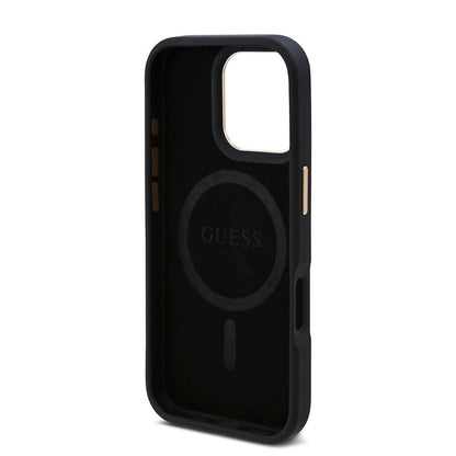 iPhone 16 Pro Kılıf Guess Orjinal Lisanslı M-safe Şarj Özellikli 4G Desenli PU Metal Plaka Klasik Logolu Kapak