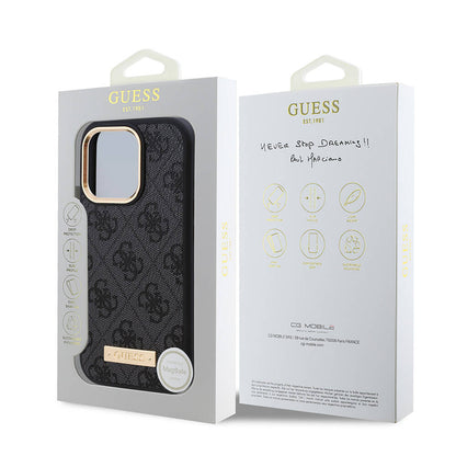 iPhone 16 Pro Kılıf Guess Orjinal Lisanslı M-safe Şarj Özellikli 4G Desenli PU Metal Plaka Klasik Logolu Kapak