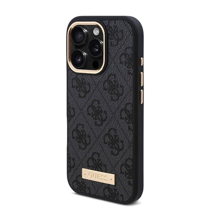iPhone 16 Pro Kılıf Guess Orjinal Lisanslı M-safe Şarj Özellikli 4G Desenli PU Metal Plaka Klasik Logolu Kapak