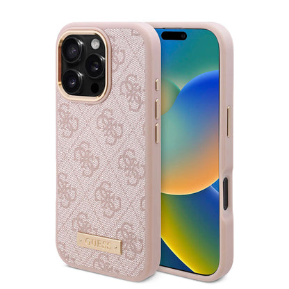 iPhone 16 Pro Kılıf Guess Orjinal Lisanslı M-safe Şarj Özellikli 4G Desenli PU Metal Plaka Klasik Logolu Kapak