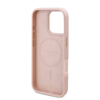 iPhone 16 Pro Kılıf Guess Orjinal Lisanslı M-safe Şarj Özellikli 4G Desenli PU Metal Plaka Klasik Logolu Kapak