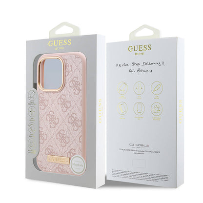 iPhone 16 Pro Kılıf Guess Orjinal Lisanslı M-safe Şarj Özellikli 4G Desenli PU Metal Plaka Klasik Logolu Kapak