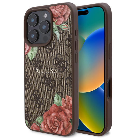 iPhone 16 Pro Kılıf Guess Orjinal Lisanslı M-safe Şarj Özellikli Gül Baskılı 4G Desenli Yazı Logolu Kapak