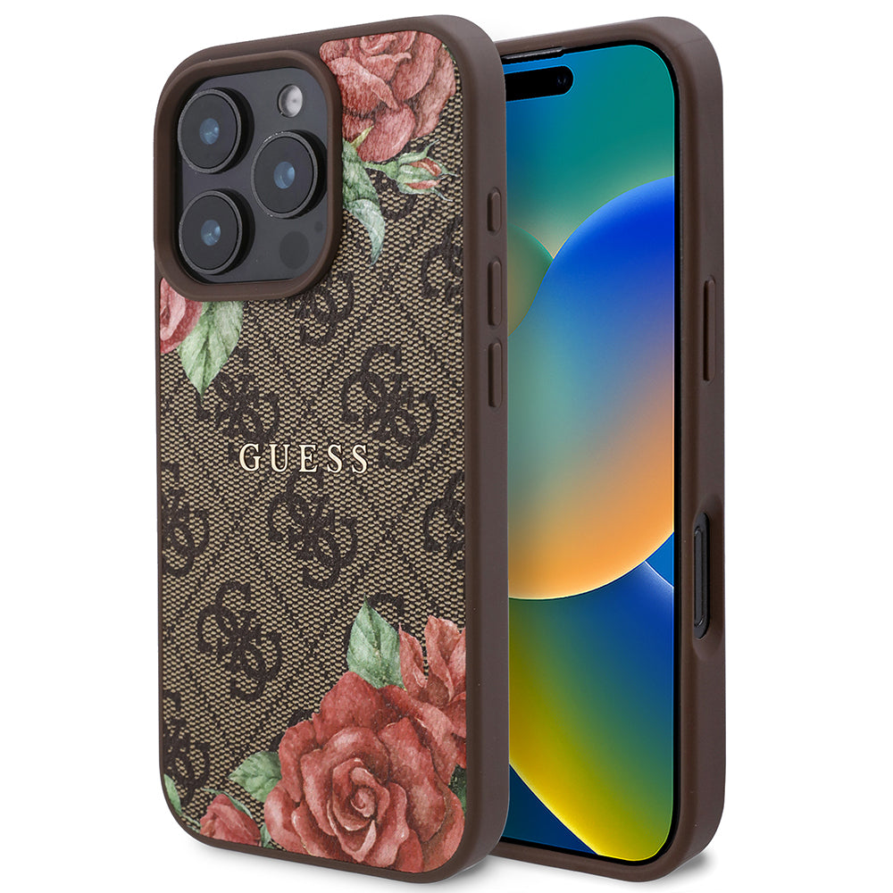 iPhone 16 Pro Kılıf Guess Orjinal Lisanslı M-safe Şarj Özellikli Gül Baskılı 4G Desenli Yazı Logolu Kapak
