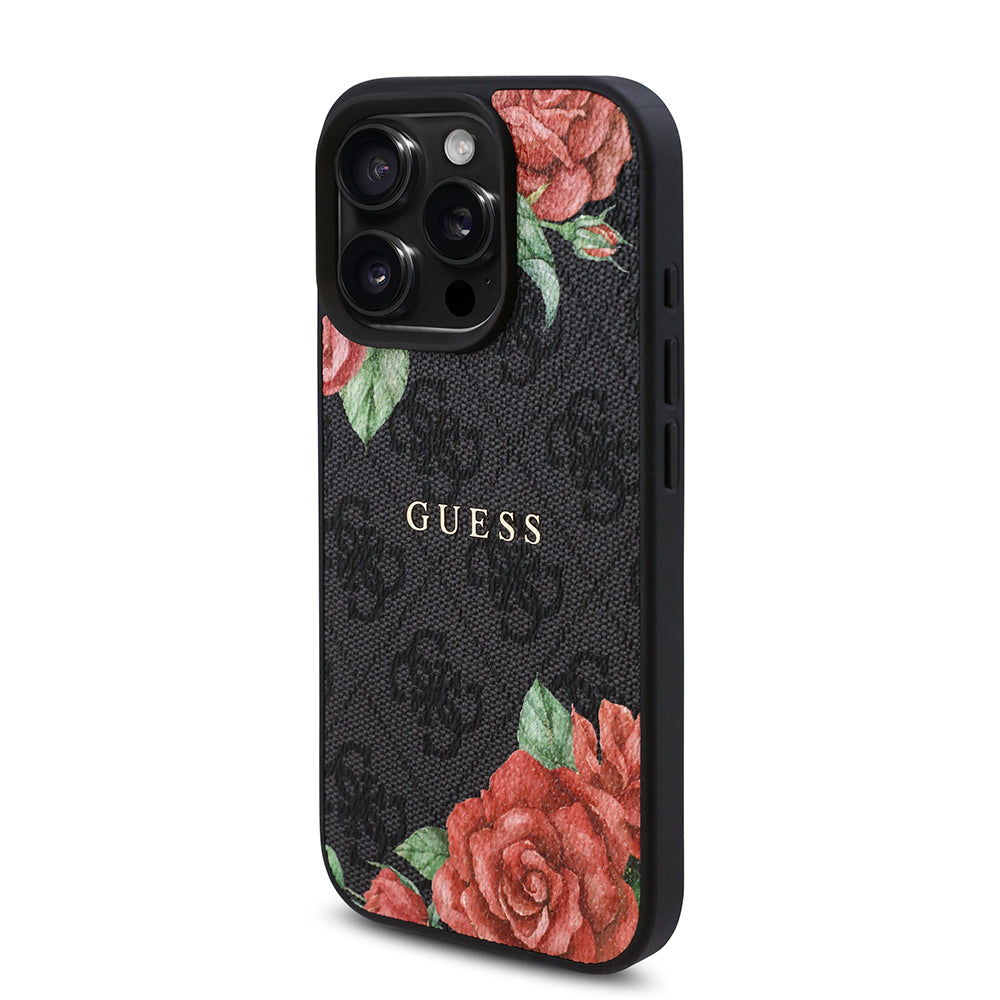 iPhone 16 Pro Kılıf Guess Orjinal Lisanslı M-safe Şarj Özellikli Gül Baskılı 4G Desenli Yazı Logolu Kapak