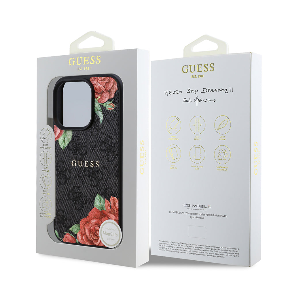 iPhone 16 Pro Kılıf Guess Orjinal Lisanslı M-safe Şarj Özellikli Gül Baskılı 4G Desenli Yazı Logolu Kapak