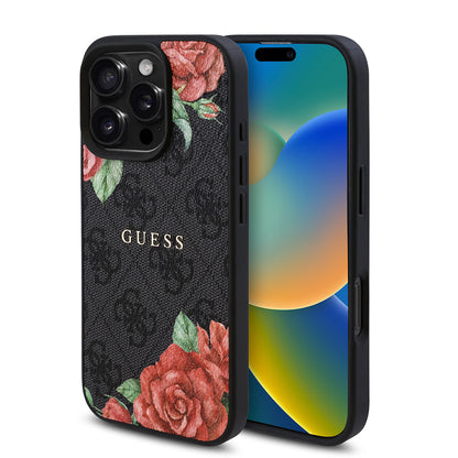 iPhone 16 Pro Kılıf Guess Orjinal Lisanslı M-safe Şarj Özellikli Gül Baskılı 4G Desenli Yazı Logolu Kapak