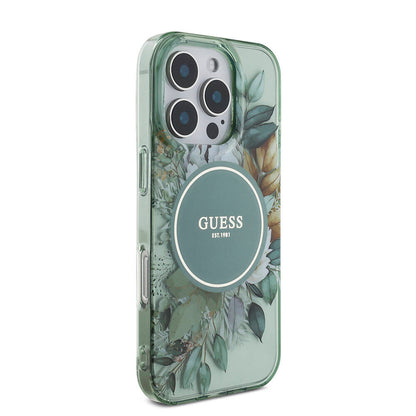 iPhone 16 Pro Kılıf Guess Orjinal Lisanslı M-safe Şarj Özellikli IML Baskılı Çiçek İnci Bileklikli Kapak