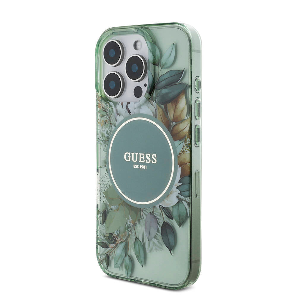 iPhone 16 Pro Kılıf Guess Orjinal Lisanslı M-safe Şarj Özellikli IML Baskılı Çiçek İnci Bileklikli Kapak
