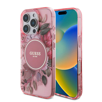 iPhone 16 Pro Kılıf Guess Orjinal Lisanslı M-safe Şarj Özellikli IML Baskılı Çiçek İnci Bileklikli Kapak