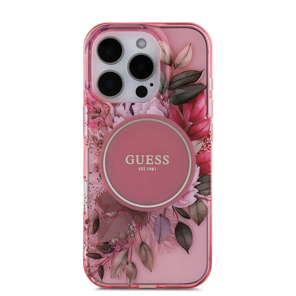 iPhone 16 Pro Kılıf Guess Orjinal Lisanslı M-safe Şarj Özellikli IML Baskılı Çiçek İnci Bileklikli Kapak