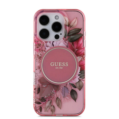 iPhone 16 Pro Kılıf Guess Orjinal Lisanslı M-safe Şarj Özellikli IML Baskılı Çiçek İnci Bileklikli Kapak