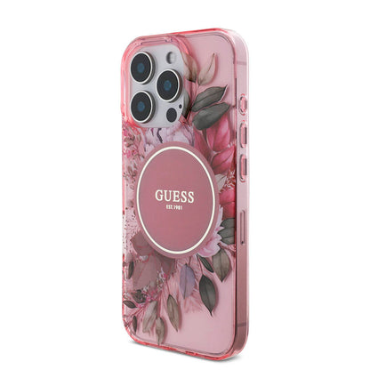 iPhone 16 Pro Kılıf Guess Orjinal Lisanslı M-safe Şarj Özellikli IML Baskılı Çiçek İnci Bileklikli Kapak