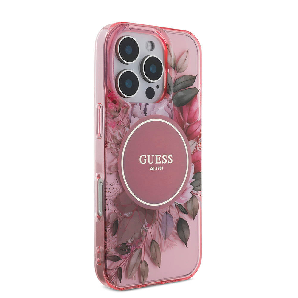 iPhone 16 Pro Kılıf Guess Orjinal Lisanslı M-safe Şarj Özellikli IML Baskılı Çiçek İnci Bileklikli Kapak