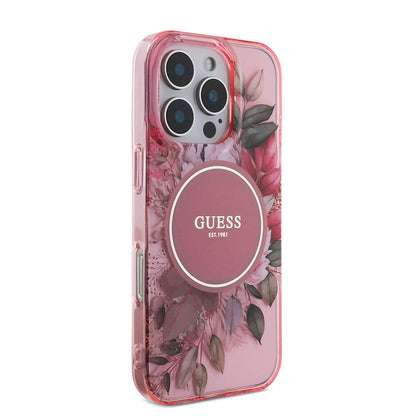 iPhone 16 Pro Kılıf Guess Orjinal Lisanslı M-safe Şarj Özellikli IML Baskılı Çiçek İnci Bileklikli Kapak