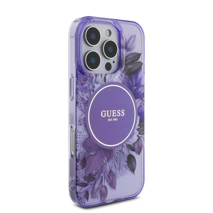 iPhone 16 Pro Kılıf Guess Orjinal Lisanslı M-safe Şarj Özellikli IML Baskılı Çiçek İnci Bileklikli Kapak