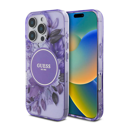 iPhone 16 Pro Kılıf Guess Orjinal Lisanslı M-safe Şarj Özellikli IML Baskılı Çiçek İnci Bileklikli Kapak