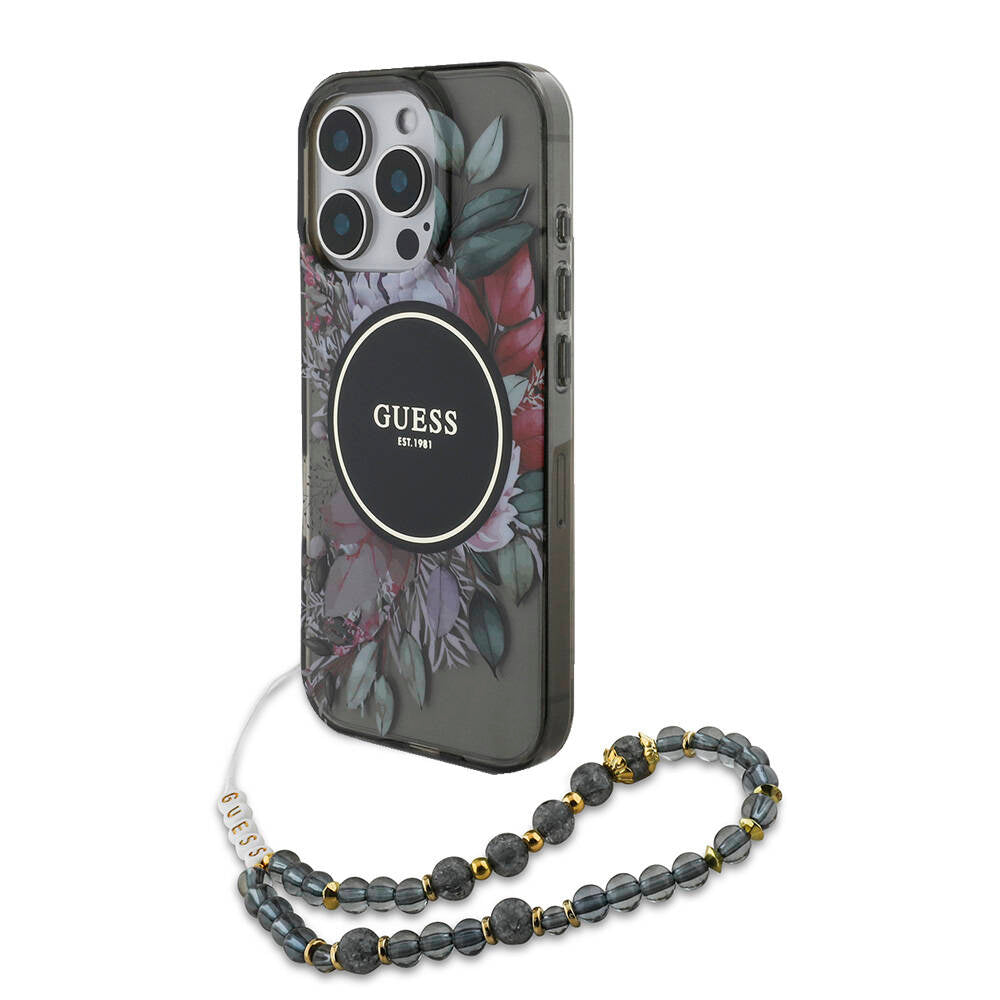 iPhone 16 Pro Kılıf Guess Orjinal Lisanslı M-safe Şarj Özellikli IML Baskılı Çiçek İnci Bileklikli Kapak