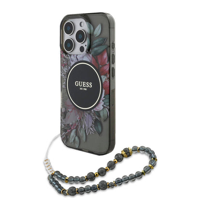 iPhone 16 Pro Kılıf Guess Orjinal Lisanslı M-safe Şarj Özellikli IML Baskılı Çiçek İnci Bileklikli Kapak