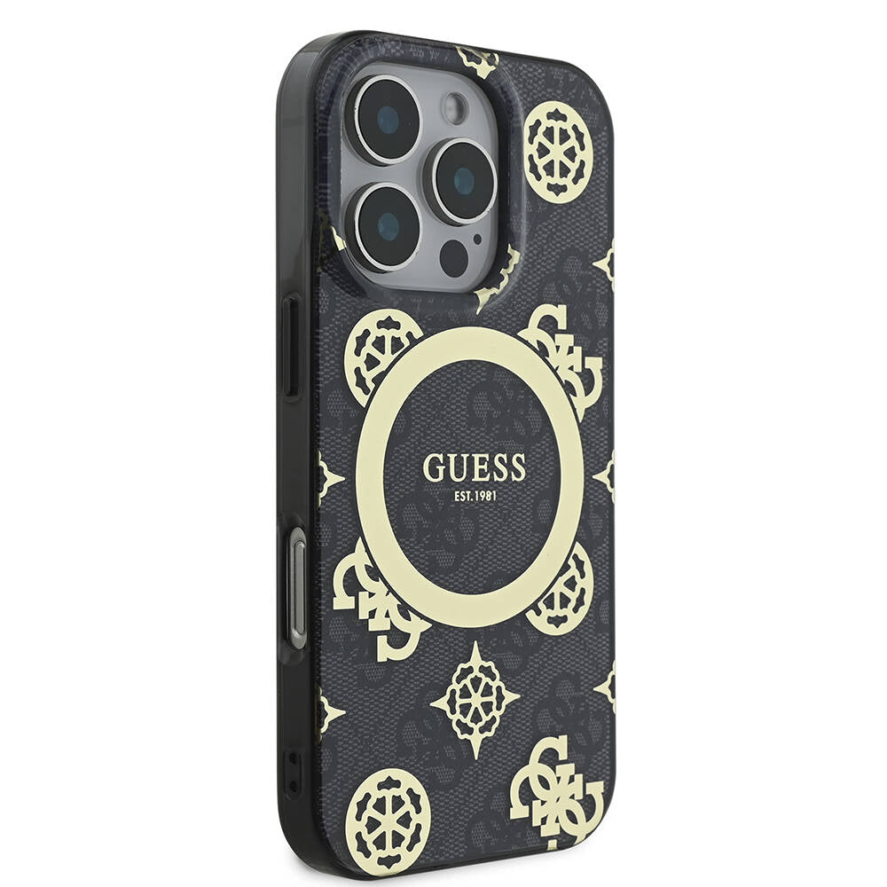 iPhone 16 Pro Kılıf Guess Orjinal Lisanslı M-safe Şarj Özellikli IML Peony ve 4G Desenli Klasik Logolu Kapak
