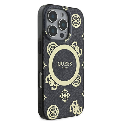 iPhone 16 Pro Kılıf Guess Orjinal Lisanslı M-safe Şarj Özellikli IML Peony ve 4G Desenli Klasik Logolu Kapak