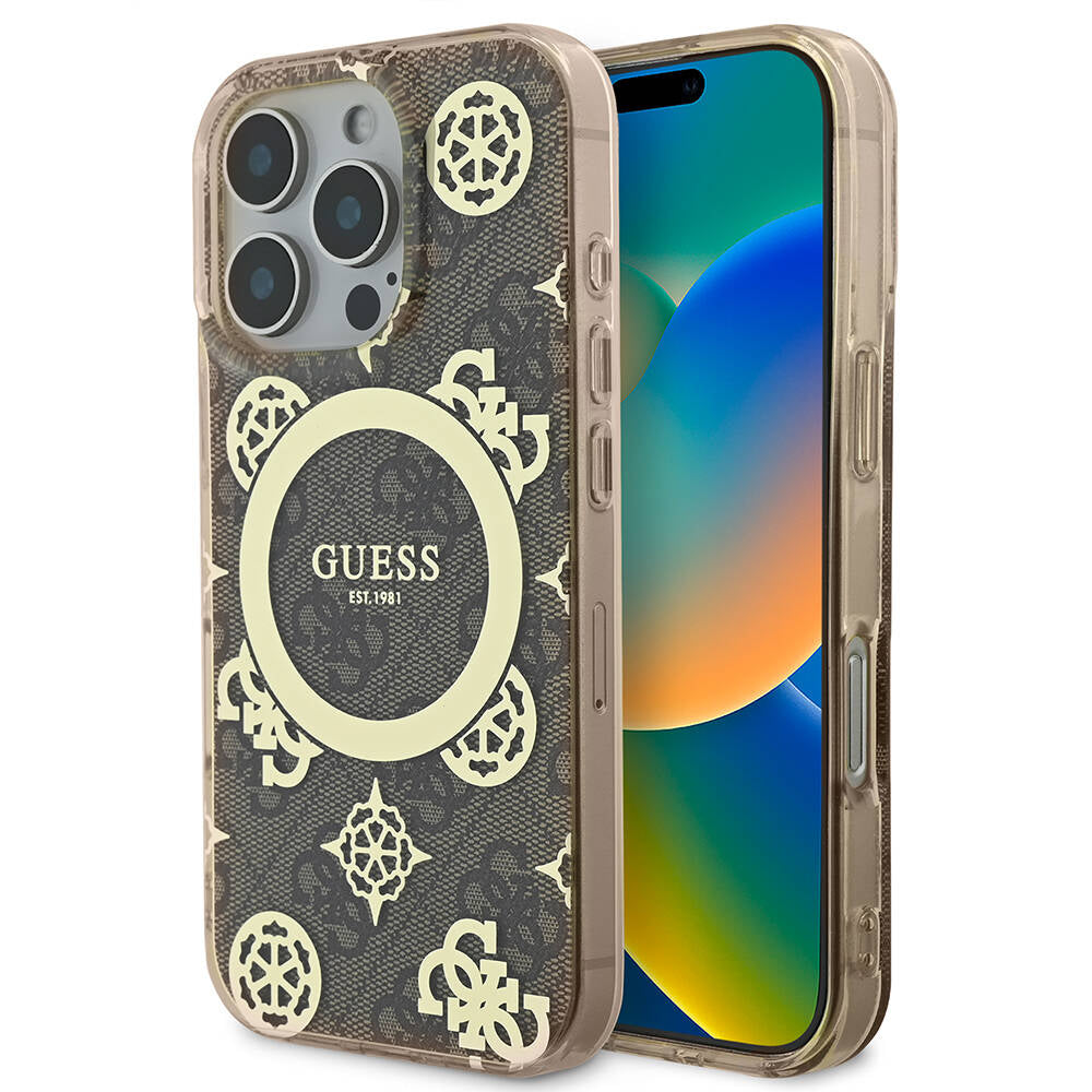 iPhone 16 Pro Kılıf Guess Orjinal Lisanslı M-safe Şarj Özellikli IML Peony ve 4G Desenli Klasik Logolu Kapak