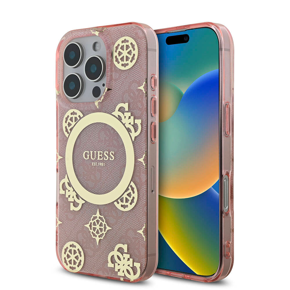 iPhone 16 Pro Kılıf Guess Orjinal Lisanslı M-safe Şarj Özellikli IML Peony ve 4G Desenli Klasik Logolu Kapak