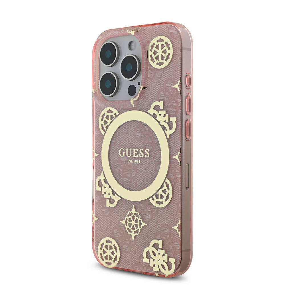 iPhone 16 Pro Kılıf Guess Orjinal Lisanslı M-safe Şarj Özellikli IML Peony ve 4G Desenli Klasik Logolu Kapak