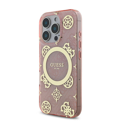 iPhone 16 Pro Kılıf Guess Orjinal Lisanslı M-safe Şarj Özellikli IML Peony ve 4G Desenli Klasik Logolu Kapak