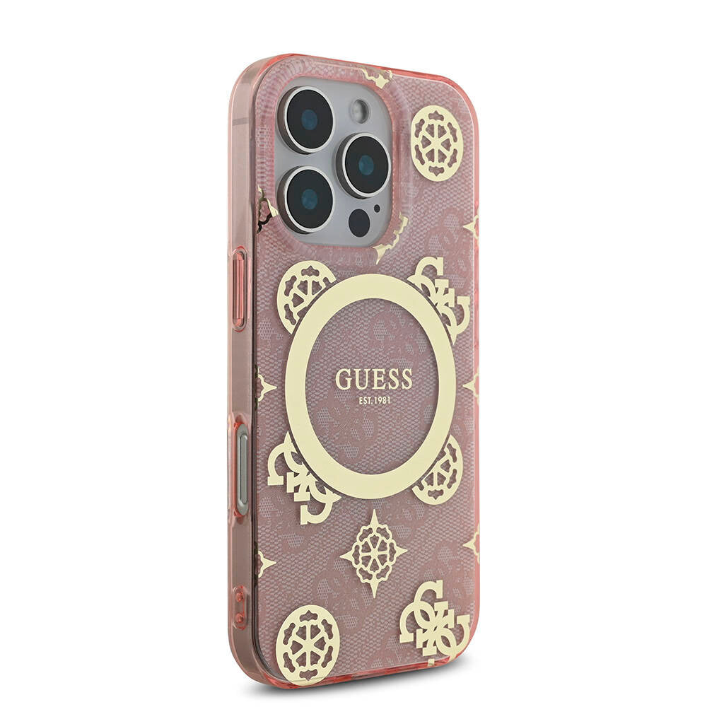 iPhone 16 Pro Kılıf Guess Orjinal Lisanslı M-safe Şarj Özellikli IML Peony ve 4G Desenli Klasik Logolu Kapak