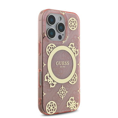 iPhone 16 Pro Kılıf Guess Orjinal Lisanslı M-safe Şarj Özellikli IML Peony ve 4G Desenli Klasik Logolu Kapak
