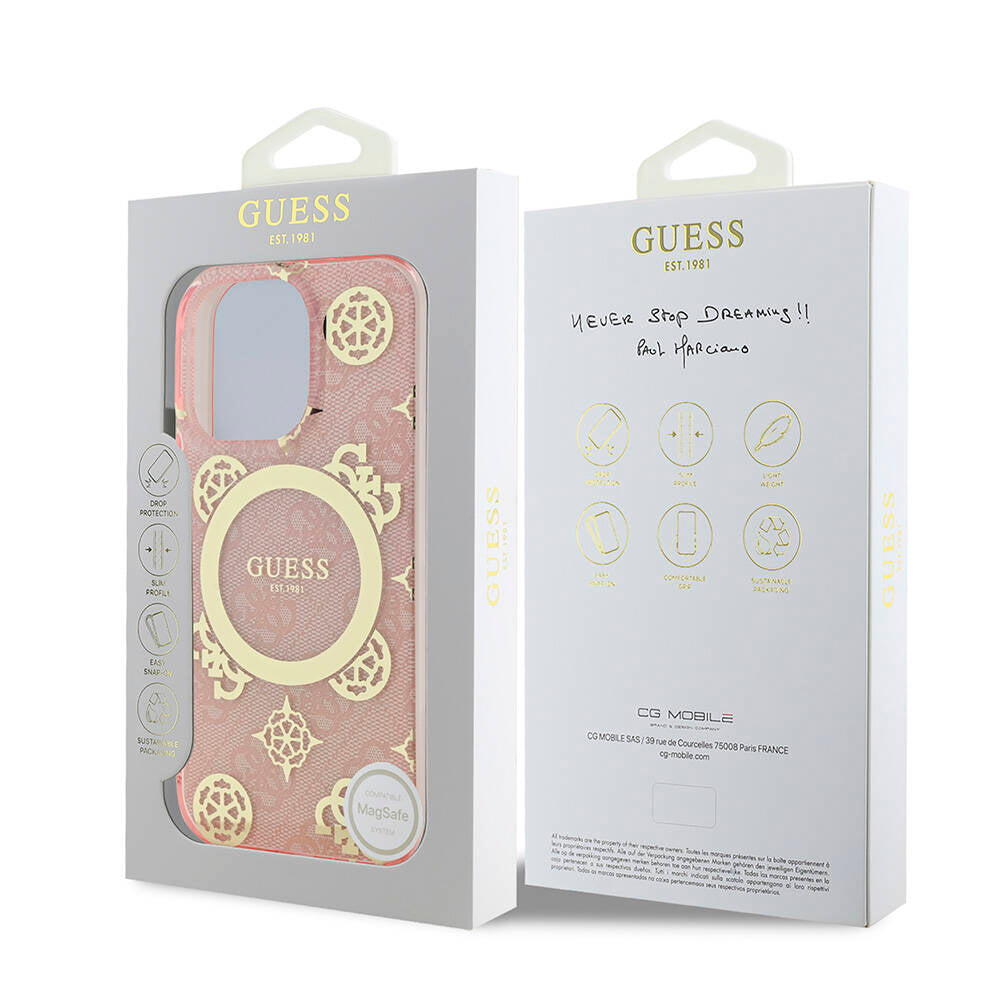 iPhone 16 Pro Kılıf Guess Orjinal Lisanslı M-safe Şarj Özellikli IML Peony ve 4G Desenli Klasik Logolu Kapak