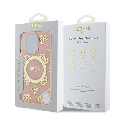 iPhone 16 Pro Kılıf Guess Orjinal Lisanslı M-safe Şarj Özellikli IML Peony ve 4G Desenli Klasik Logolu Kapak