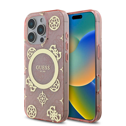 iPhone 16 Pro Kılıf Guess Orjinal Lisanslı M-safe Şarj Özellikli IML Peony ve 4G Desenli Klasik Logolu Kapak