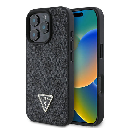 iPhone 16 Pro Kılıf Guess Orjinal Lisanslı M-safe Şarj Özellikli PU Deri 4G Desenli Taşlı Üçgen Logolu Kapak