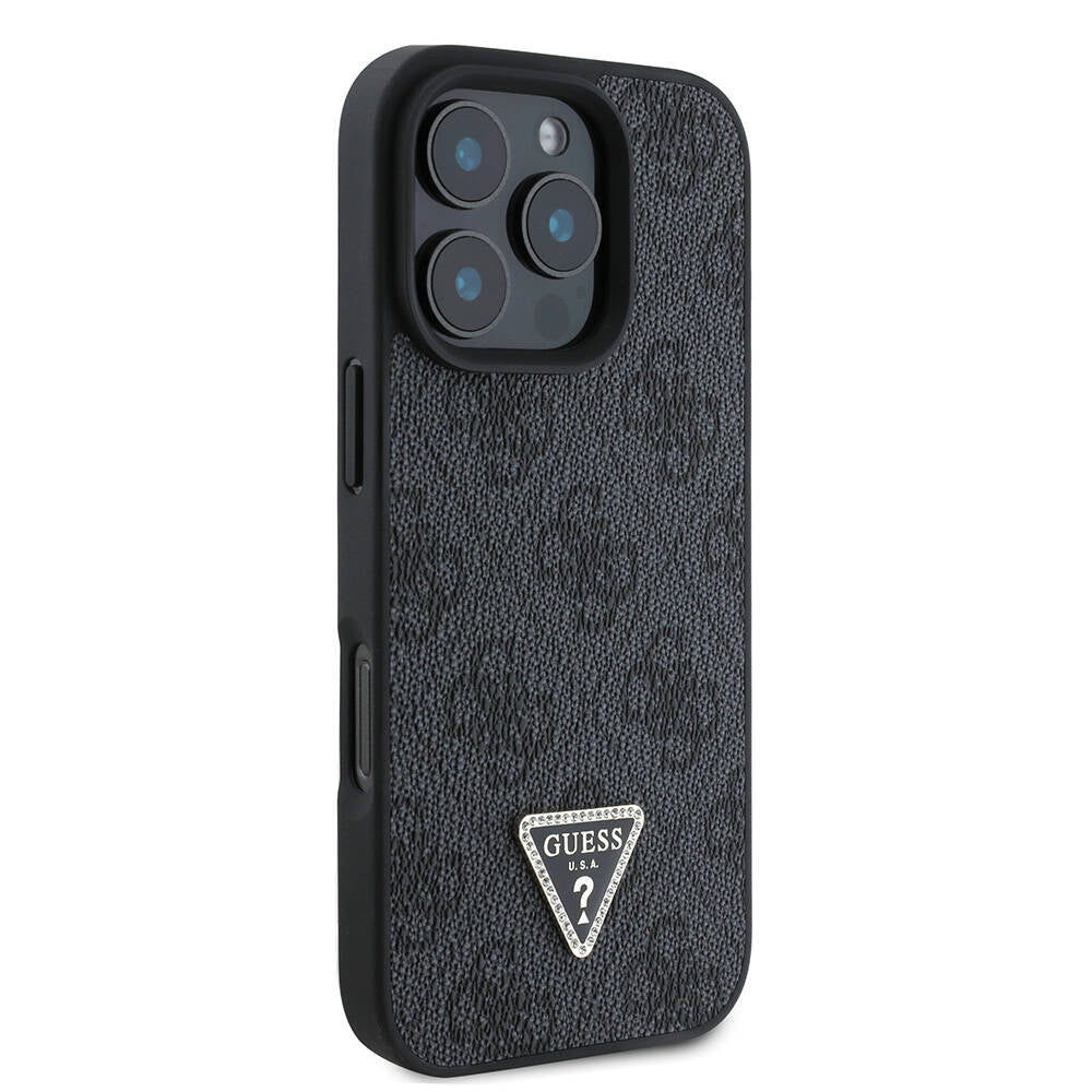 iPhone 16 Pro Kılıf Guess Orjinal Lisanslı M-safe Şarj Özellikli PU Deri 4G Desenli Taşlı Üçgen Logolu Kapak