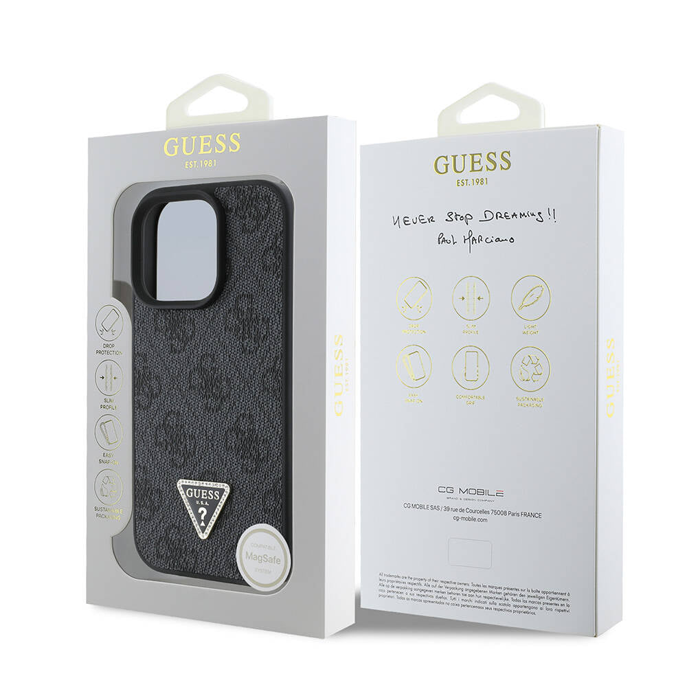 iPhone 16 Pro Kılıf Guess Orjinal Lisanslı M-safe Şarj Özellikli PU Deri 4G Desenli Taşlı Üçgen Logolu Kapak