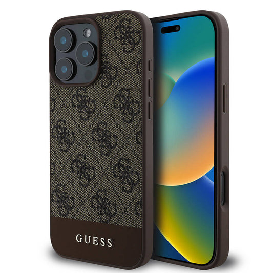 iPhone 16 Pro Kılıf Guess Orjinal Lisanslı M-safe Şarj Özellikli PU Deri Şerit Logo Dizaynlı Kapak