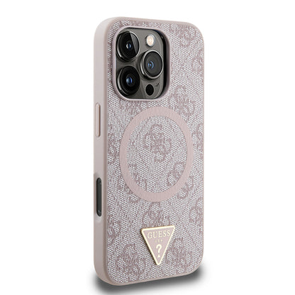 iPhone 16 Pro Kılıf Guess Orjinal Lisanslı M-safe Şarj Özellikli PU Üçgen Logo 4G Desenli Kapak